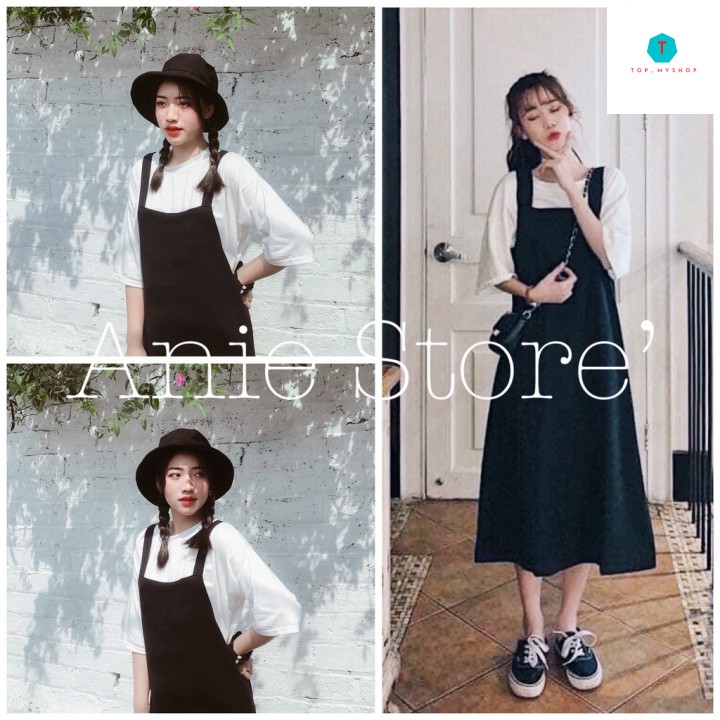 Set Váy Yếm Đen Kèm Áo Phông Trắng Tay Lỡ 🦋 Bộ Váy Yếm Áo Thun Dáng Rộn