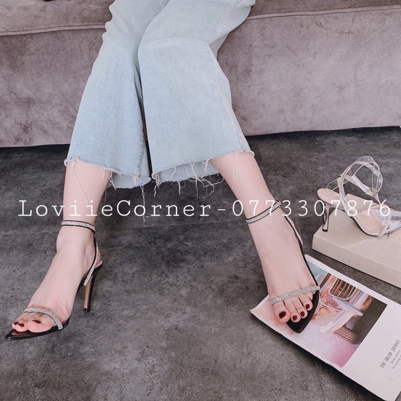 LOVIIECORNER - SANDAL CAO GÓT 9P QUAI MẢNH - GIÀY CAO GÓT 9CM ĐÍNH ĐÁ DÂY MẢNH MŨI NHỌN - SANDAL GÓT NHỌN 9P G201165 :