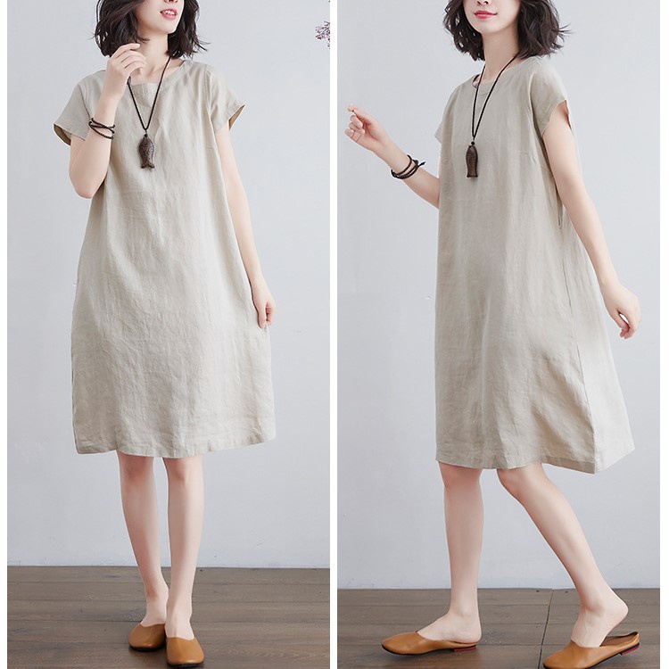 Đầm suông linen tay hến trẻ trung, chất vải linen mềm mát, thời trang phong cách Nhật Bản D84