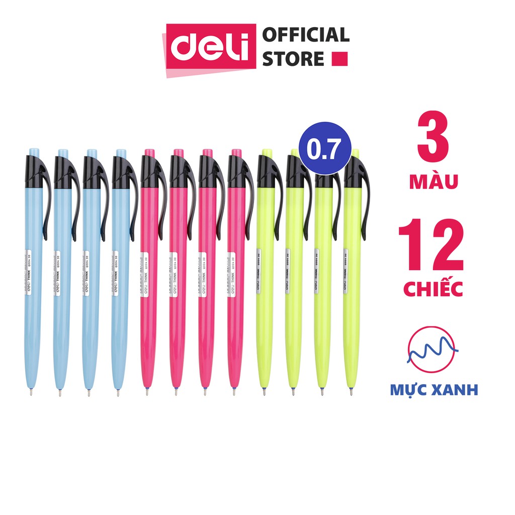 Bút bi bấm 0.7mm Deli - Mực xanh - 12 cái/hộp EQ00430 / EQ00630