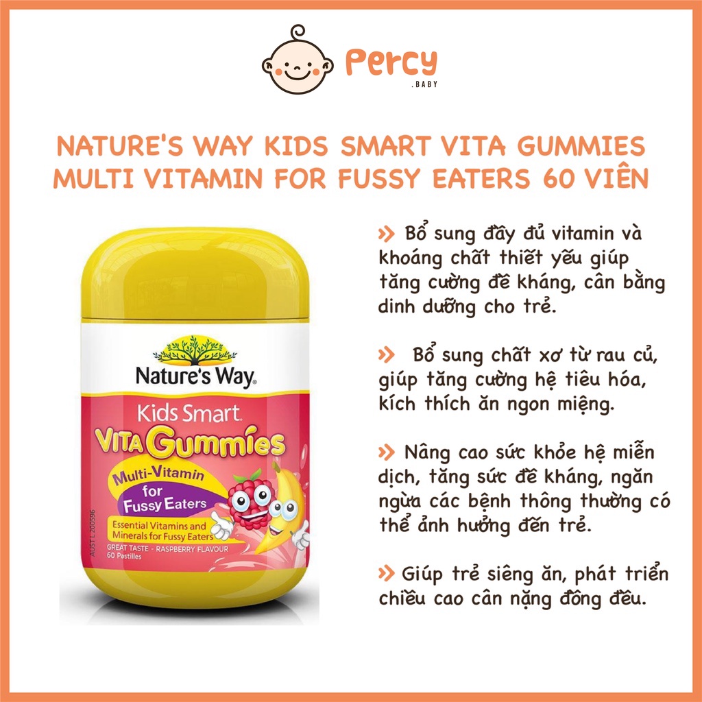Kẹo Biếng Ăn Nature's Way Kids Smart Vita Gummies Multi Vitamin For Fussy Eaters 60 viên