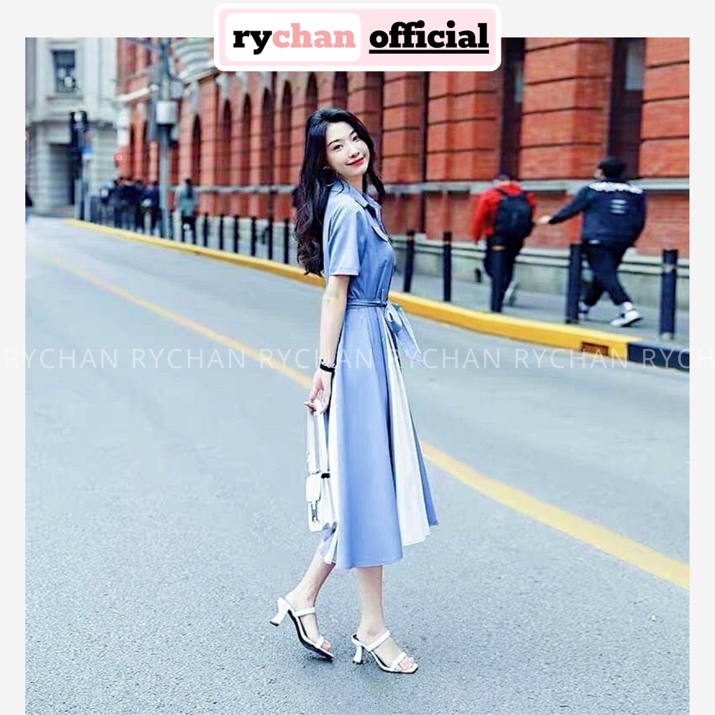 Đầm Công Sở Cổ Sơ Mi Túi Hộp Thắt Eo Đuôi Phối Màu Xanh Trắng Cực Lạ Mắt - DX9925