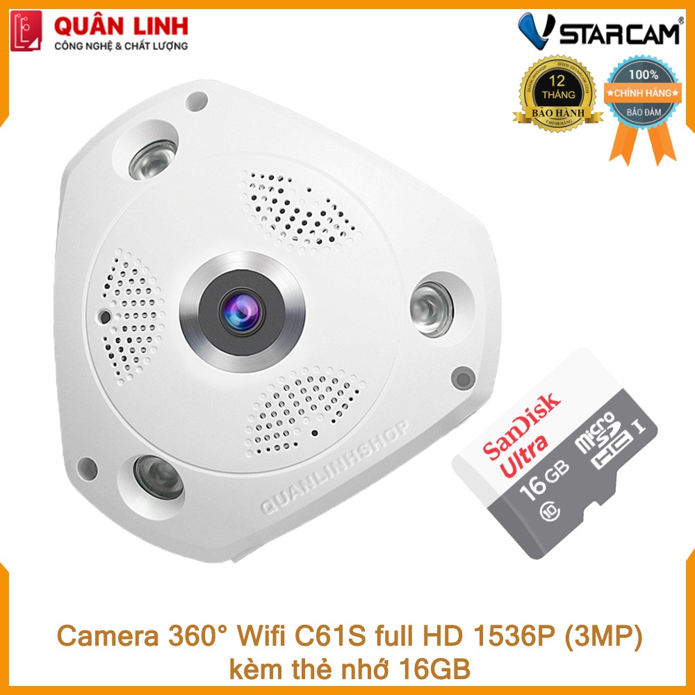 Camera Wifi IP Vstarcam C61s Full HD 1536P ốp trần, góc rộng 180 độ kèm thẻ 16GB | WebRaoVat - webraovat.net.vn