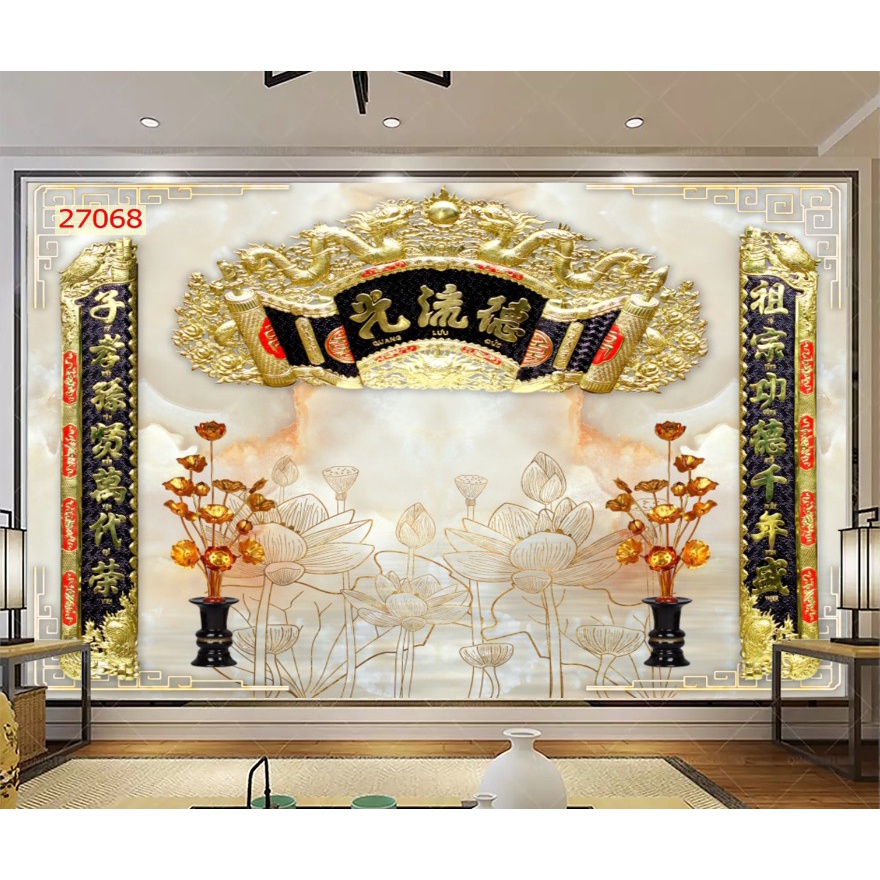 Tranh dán tường 3d trang trí phòng thờ đẹp keo sẵn bóc dán in theo kích thước yêu cầu kt1