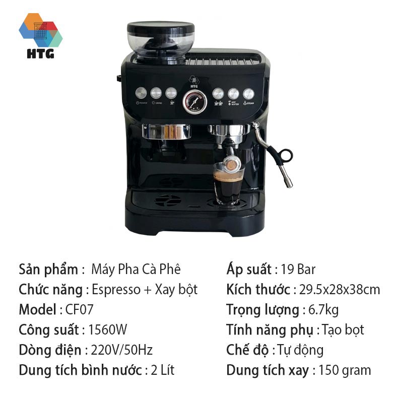 Máy pha cafe espresso CF07 tích hợp 2 trong 1, xay bột 15 mức độ, chế độ tự động, điều chỉnh định lượng tùy ý, 19 Bar