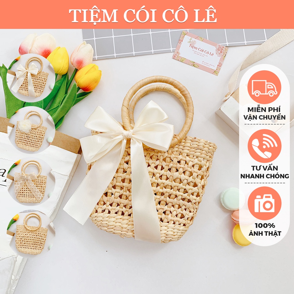 Túi cói mini cầm tay size 20cm đan hoa thị đẹp mắt - Tiệm Cói Cô Lê