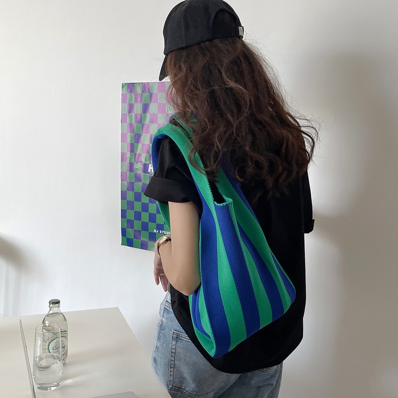 IELGY Túi tote Đeo Vai Dệt Họa Tiết Kẻ Sọc Thời Trang Xuân Hè Mới
