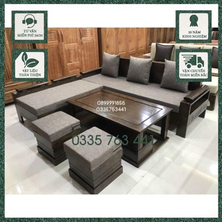 Trọn bộ Sofa gỗ sồi nga 100% 5 món kích thước góc L 2mx1m8 kèm 2 đôn và bàn trà sofa cho chung cư