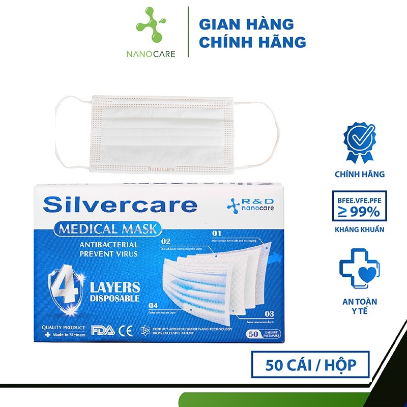 [HỘP-50 CÁI] Khẩu trang y tế kháng khuẩn 4 lớp SILVERCARE - Hàng chính hãng Nanocare R&D