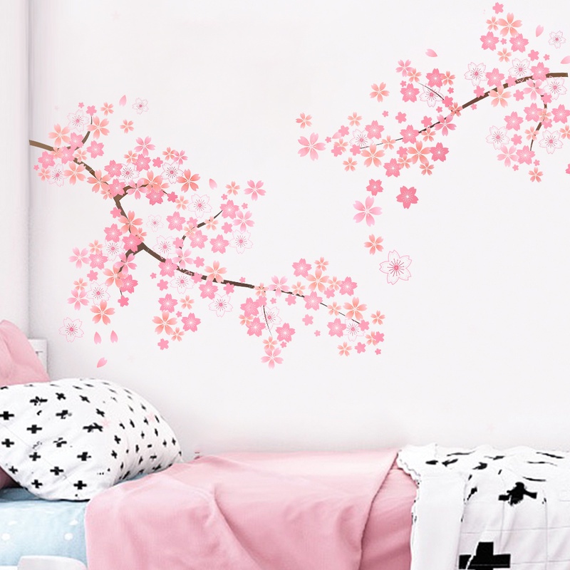 Set 2 Miếng Dán Tường Trang Trí Hình Hoa Mận Màu Hồng Xinh Xắn DIY