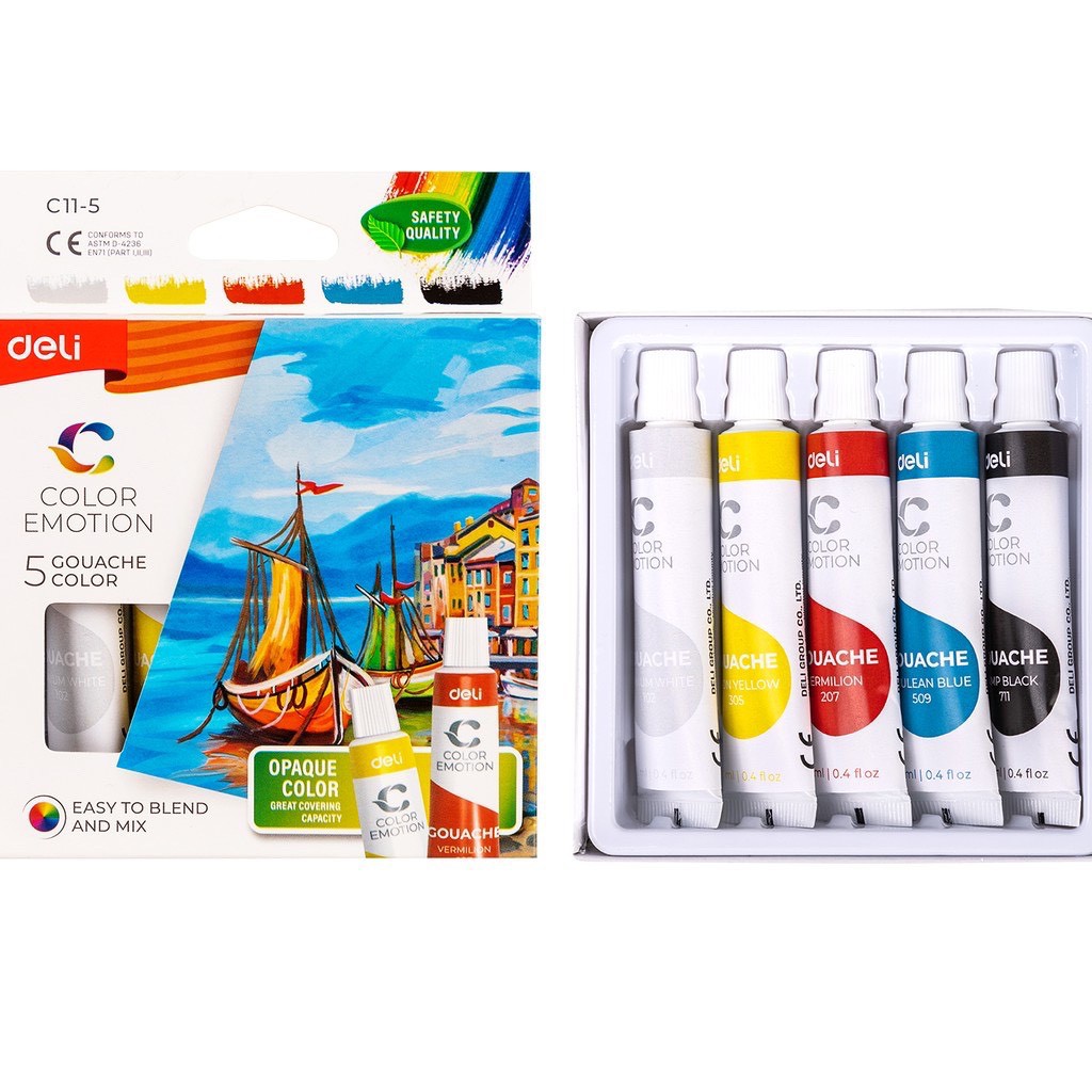 [Mã LIFEBOOK2 giảm 10% đơn 0Đ] Màu nước Gouache dạng tuýp 5 màu Deli C11-5 (Tuýp 12ml)