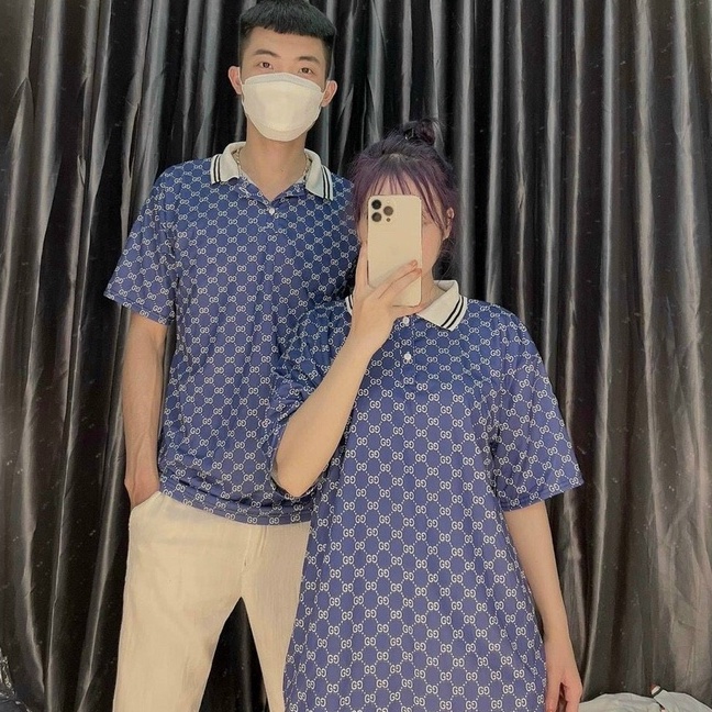Áo polo GG họa tiết in kín BIGOMALL - Áo phông cổ bẻ nam nữ unisex hót trend cháy phố Freesize Form Rộng 65kg