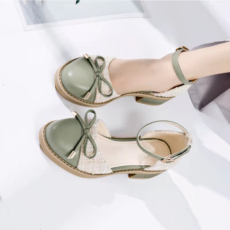 Giày Sandal Giày nữ phong cách Nhật Bản gót thô 4cm đính nơ