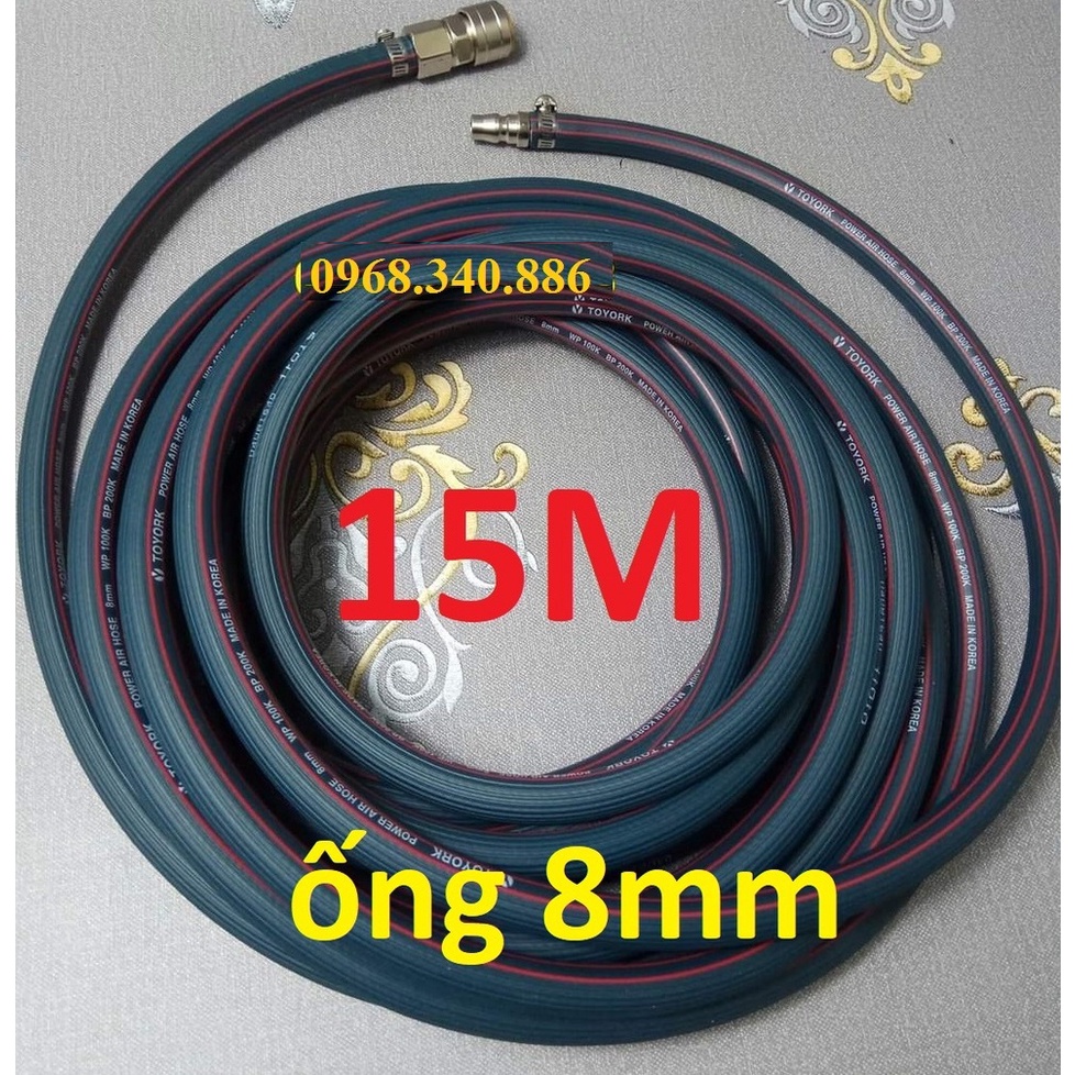 Dây hơi cao su bố vải 10m, made in Korea, lỗ 8mm, kèm bộ đầu nối nhanh cao cấp
