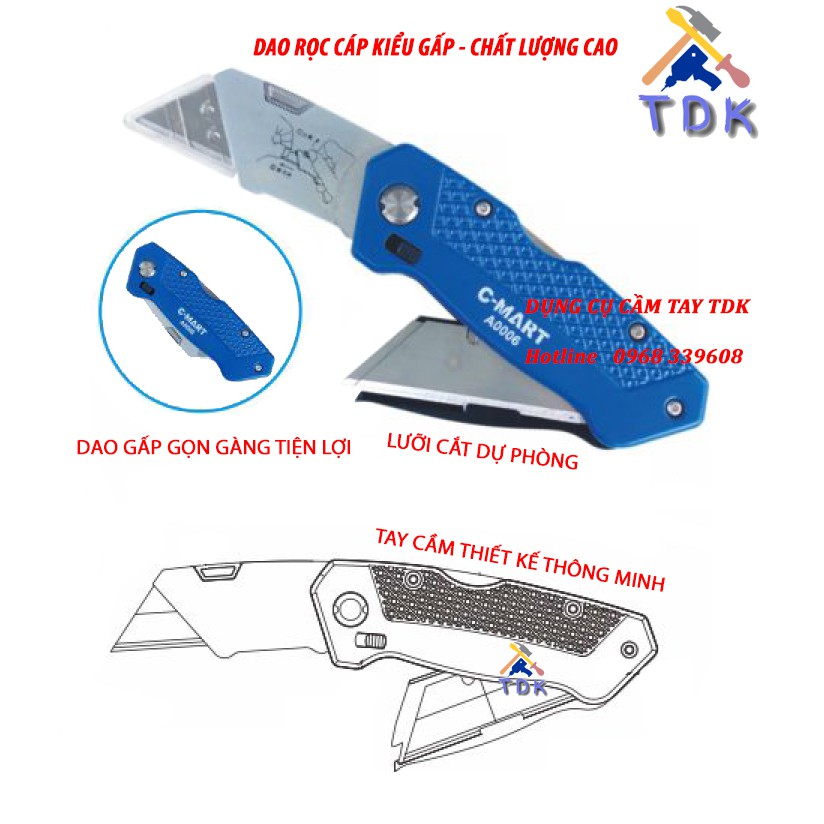 Dao rọc giấy cán xếp gấp gọn A0006 CMART kèm 6 lưỡi dao rọc cáp siêu sắc