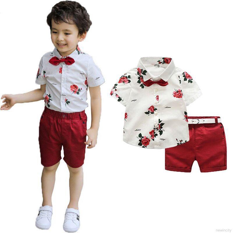 Set áo sơ mi ngắn tay in hoa và quần short thời trang mùa hè cho bé trai