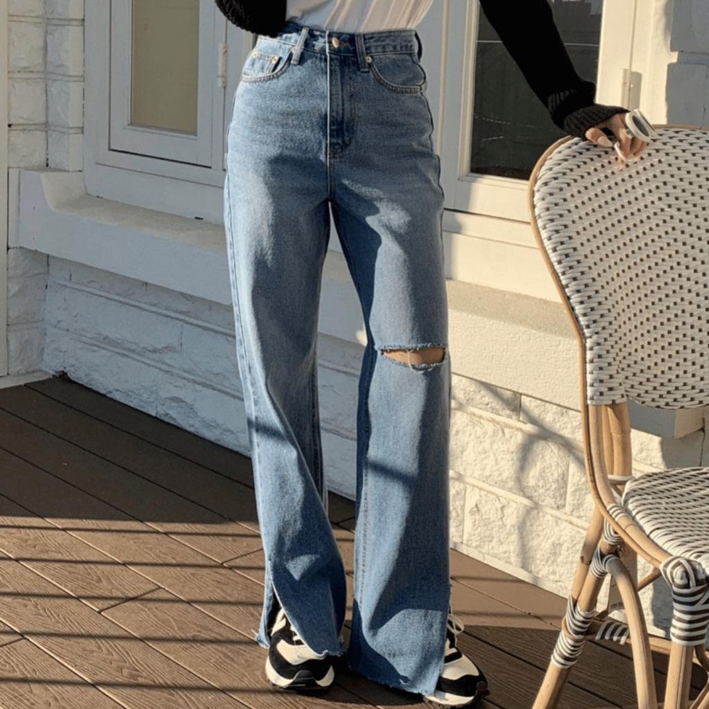 Q10|Quần jeans bò nữ ống rộng lưng cao rách gối hàn quốc basic dễ mặc đi học, đi chơi gd_order
