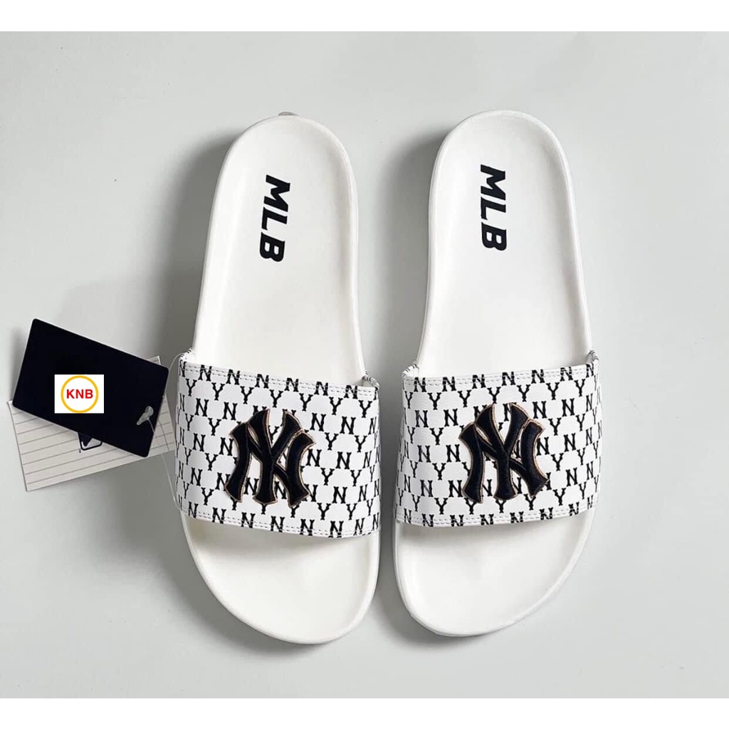 Dép MLB 𝐌𝐋𝐁 ❤️Freeship + Hộp❤️Dép NY bóng chày quai ngang thể thao nam nữ chữ thêu nỗi kèm ful tag mác trắng đen