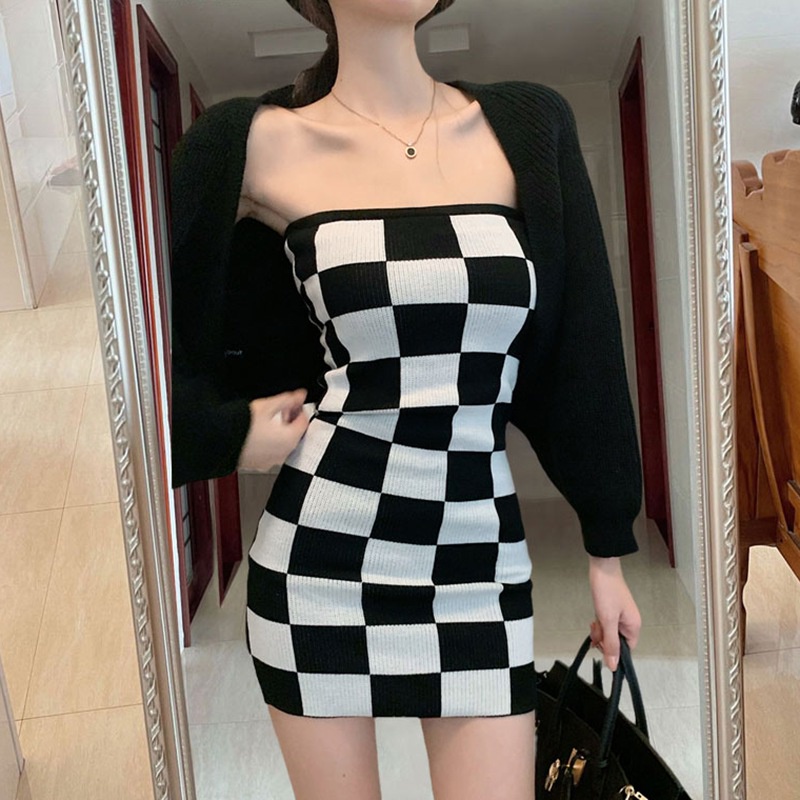 Đầm Dệt Kim Ôm Dáng Hai Dây Họa Tiết Kẻ Ô Thời Trang Đường Phố Cho Nữ