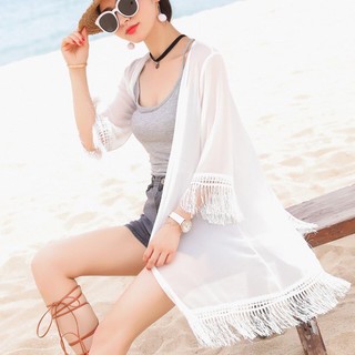 (Đen, trắng) Áo khoác ngoài bikini áo choàng bikini chống nắng đi biển dáng dài tua rua (ảnh thật)