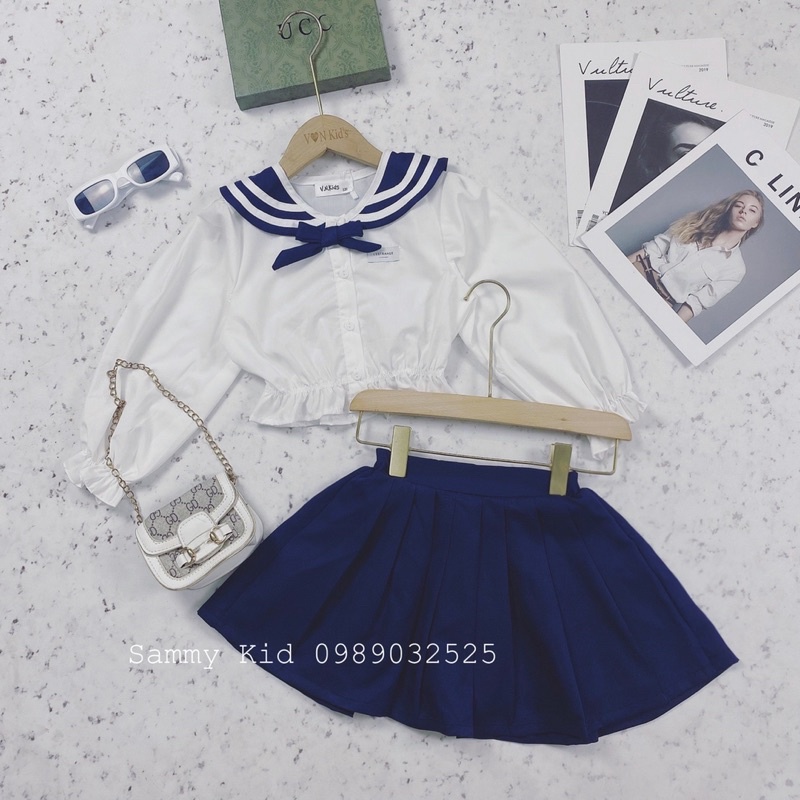 Set áo Sơmi Nữ sinh cổ Nơ Quần váy xoè đi học cho bé gái size đại 16-41kg siêu xinh dễ thương