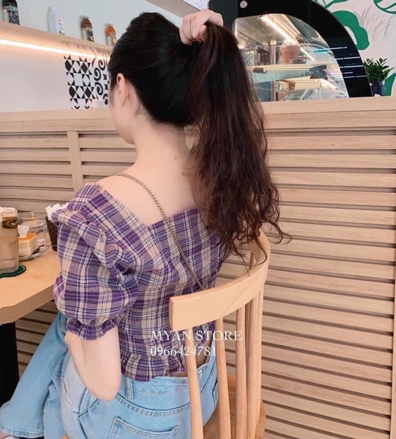 Áo caro kẻ tím phối bèo hottrend