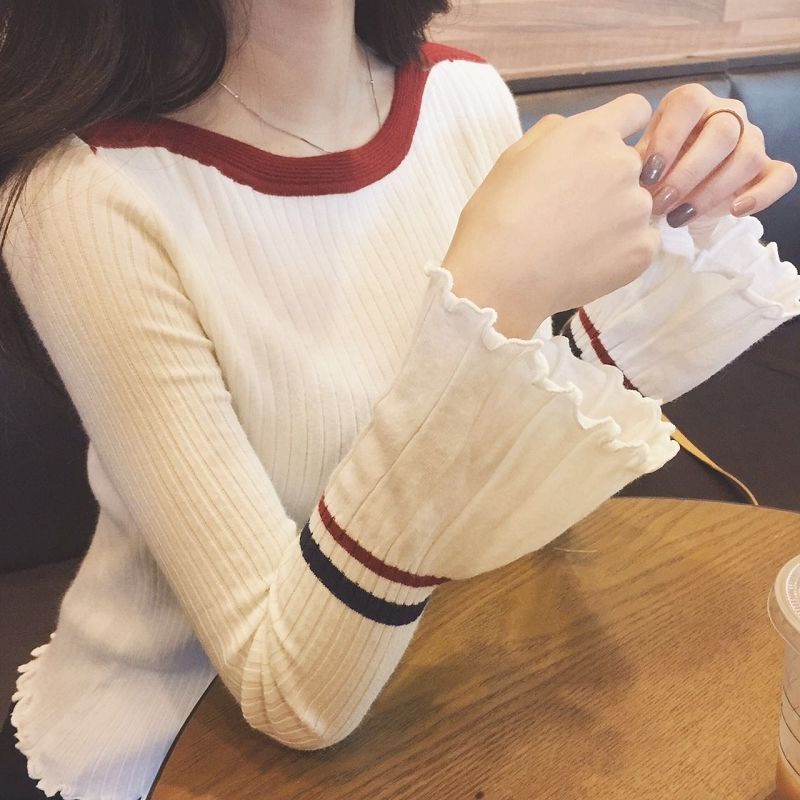 Áo Nữ Tay Dài Loe Cổ Cao Họa Tiết Sọc Ngang Màu Sắc Tương Phản Thời Trang