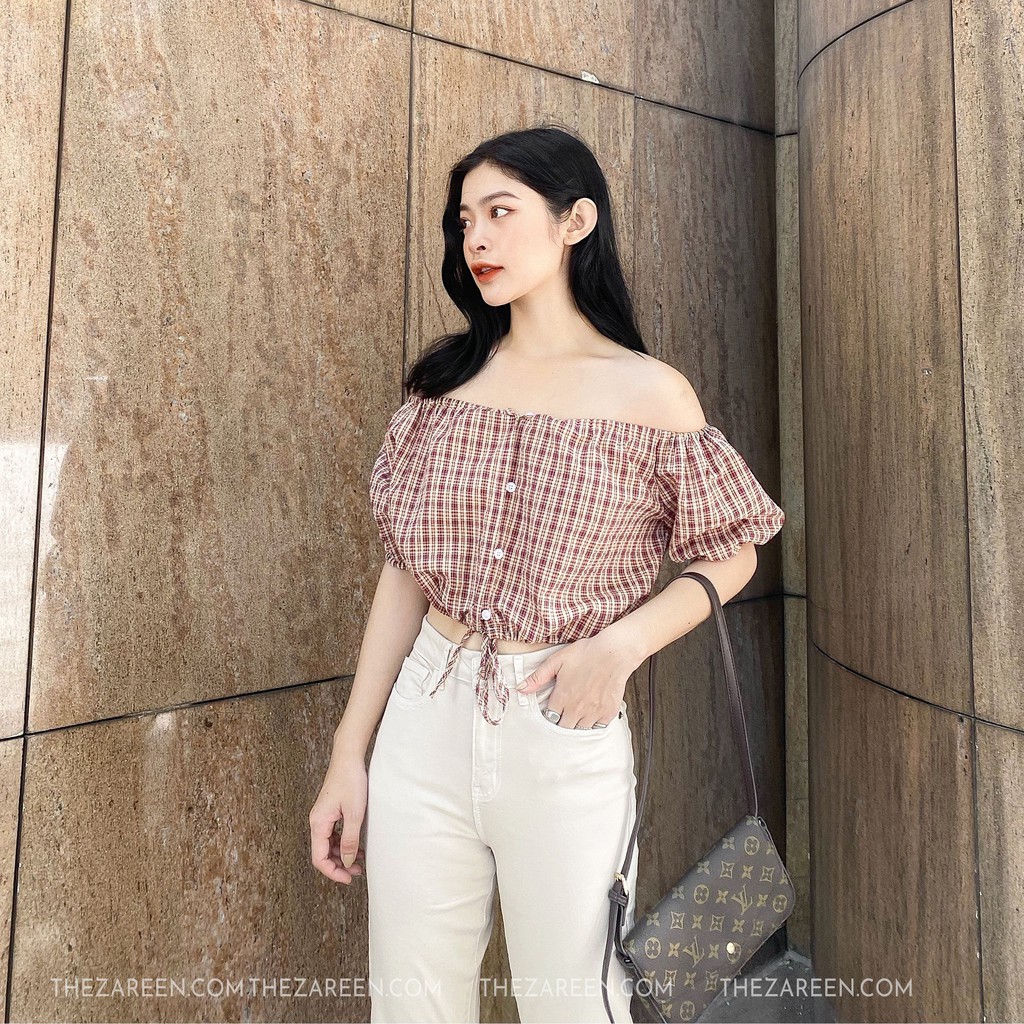 ÁO CARO TRỄ VAI THẮT NƠ EO ZAREEN VOA61 ĐỎ