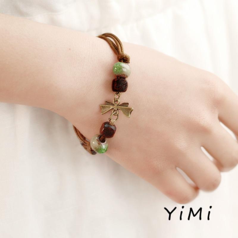 Vòng Tay Dây Bện Phối Hạt Gốm Phong Cách Dân Tộc