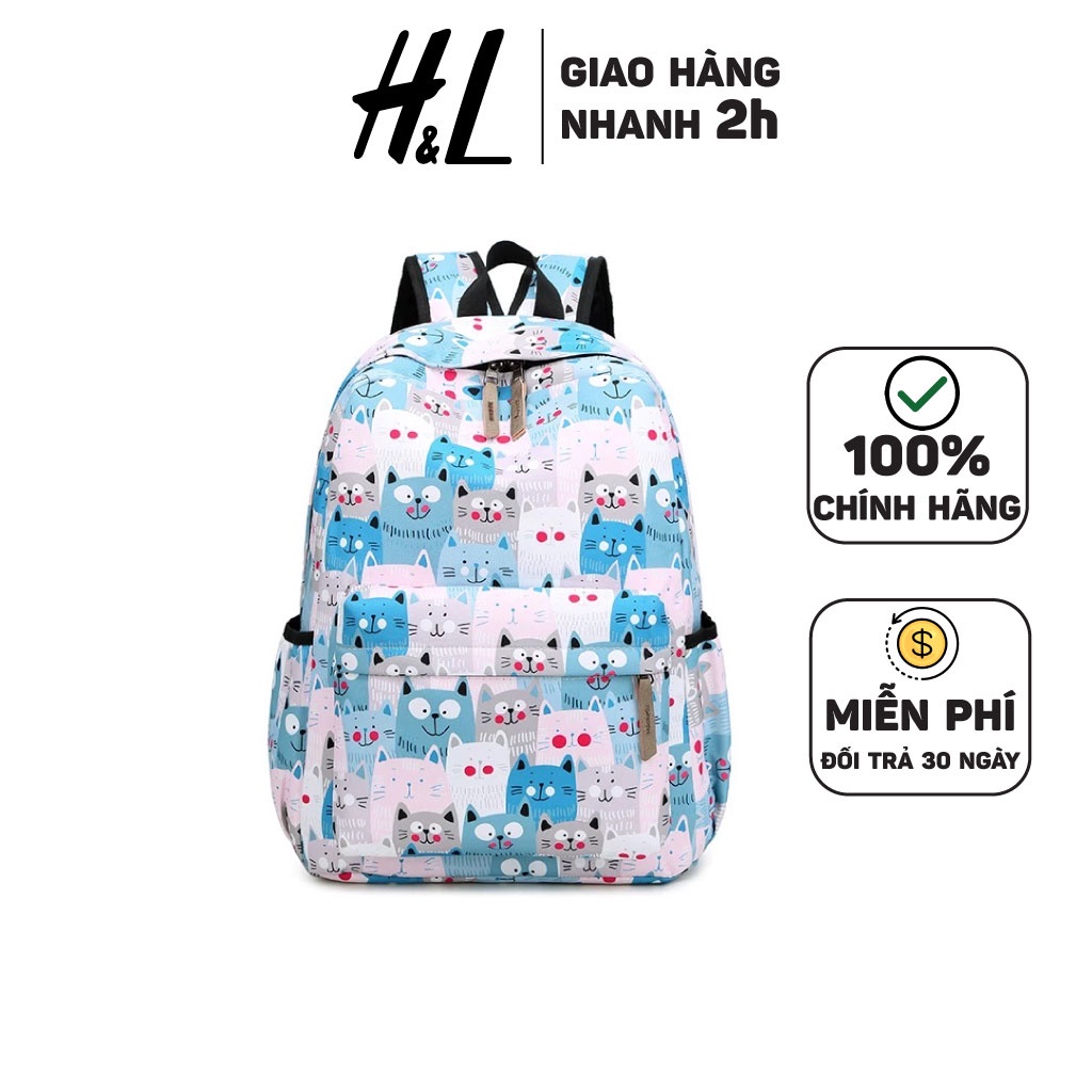 Balo Đi Học Thời Trang Vintage Hoạ Tiết Mèo Xanh, Có Ngăn Đựng Laptop, Chất Liệu Chống Nước, Chống Ẩm Mốc, Mang Đi Chơi
