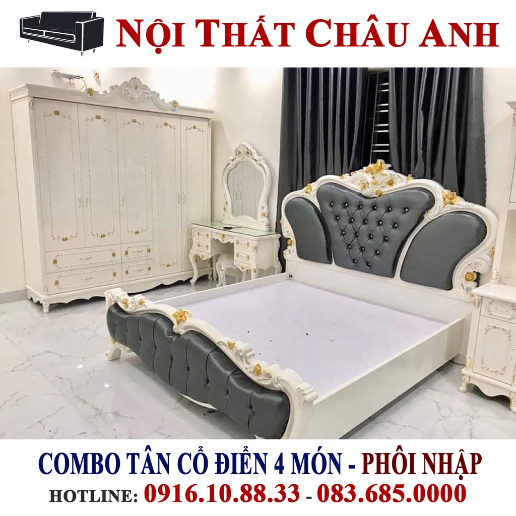 [Hàng Thủ Công] Combo Phòng Ngủ Tân Cổ Điển - Giường, Bàn Phấn, Tủ Quần Áo 4 Cánh - Phôi Nhập