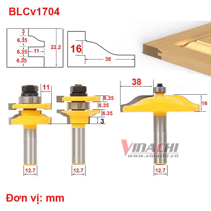 Bộ 3 mũi phay gỗ cắt rãnh 45 độ ghép góc vuông , ghép hộp, ghép mộng mòi