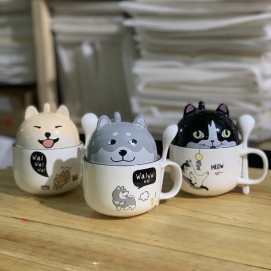 Ly Cốc Gốm sứ cao cấp, ly cốc uống trà cà phê có tay cầm hình chó mèo 400ml