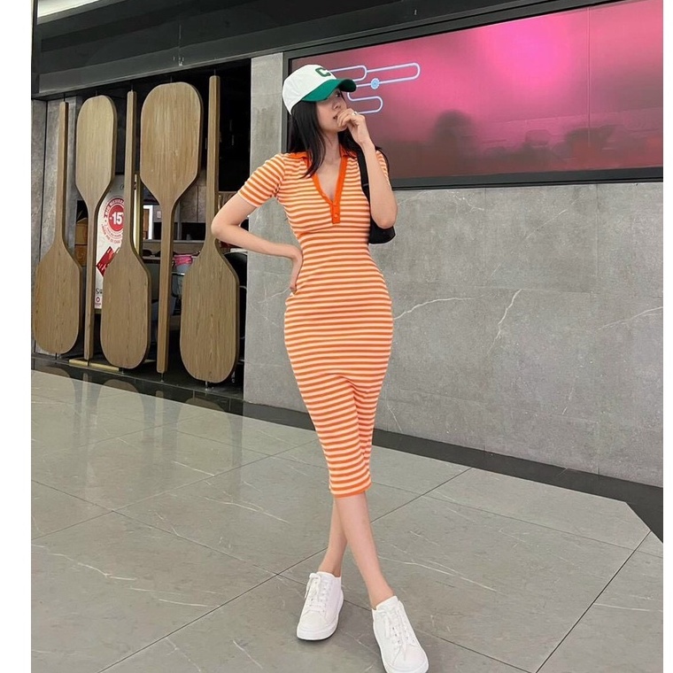 Đầm polo cổ tim ôm body 2 màu cam hồng sọc ngang cực hot , chất thun gân dày dặn mk