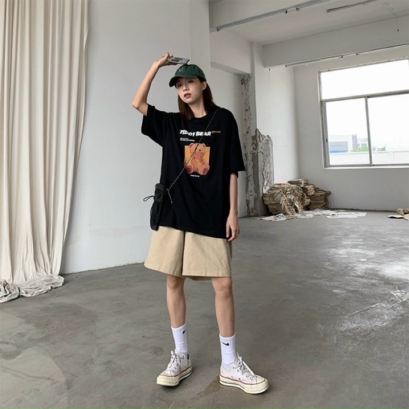 Set Bộ Áo Phông Gấu TEDDY Cổ Tròn Tay Lỡ Kết Hợp Quần Short Kaki Lửng Phong Cách Unisex Nam Nữ Kiểu Dáng Cá Tính