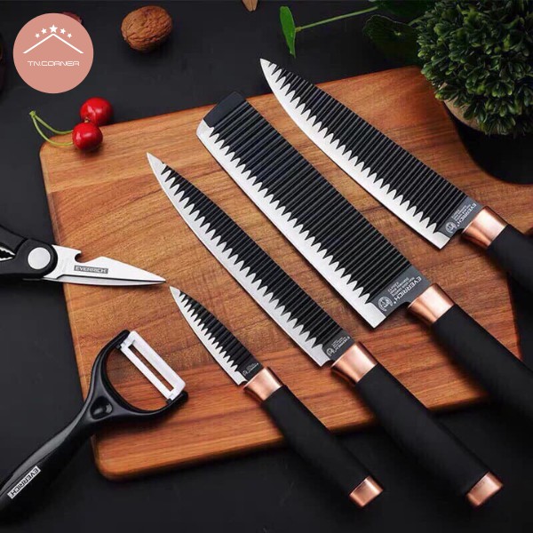 Bộ dao Nhật Bản Asakh 6 món vân gợn sóng, Thép Nhật Bản cao cấp - Bộ dao nhà bếp siêu sắc BH 12 tháng