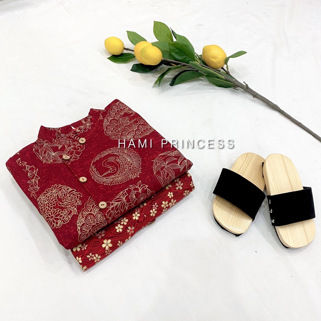 Set Áo Dài Cặp Linen Họa Tiết Cho Bé Trai Bé Gái HAMI PRINCESS (Kèm Quần Lụa Và Mấn Đội Đầu)