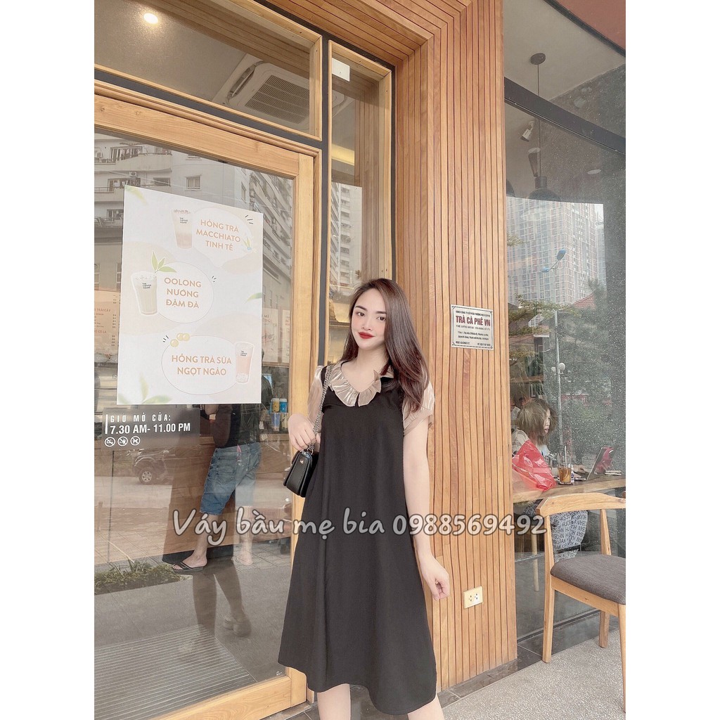 Váy bầu bigsize - Đầm bầu thiết kế GuMe màu đen dáng suông phối tay cổ voan kính chất vải sạn lụa size từ 40-100kg MB230