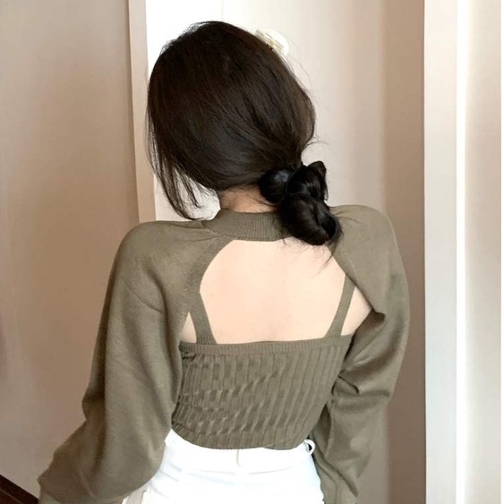 Áo mặc ngoài dệt kim cổ tròn thiết kế hở lưng dài tay thời trang gợi cảm cho nữ
