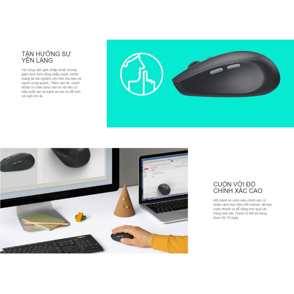 [Mã ELTECHZONE giảm 6% đơn 500K] Chuột không dây Logitech M590 Wireless + Bluetooth Yên lặng (Silent) - BH 12T