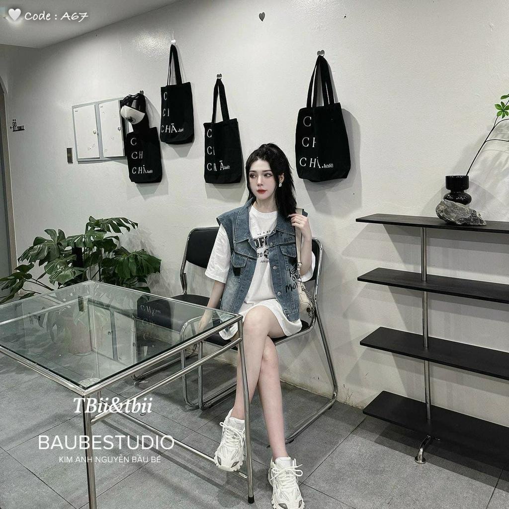 set áo thun form rộng kèm áo khoác jean cá tính ngoài ghile