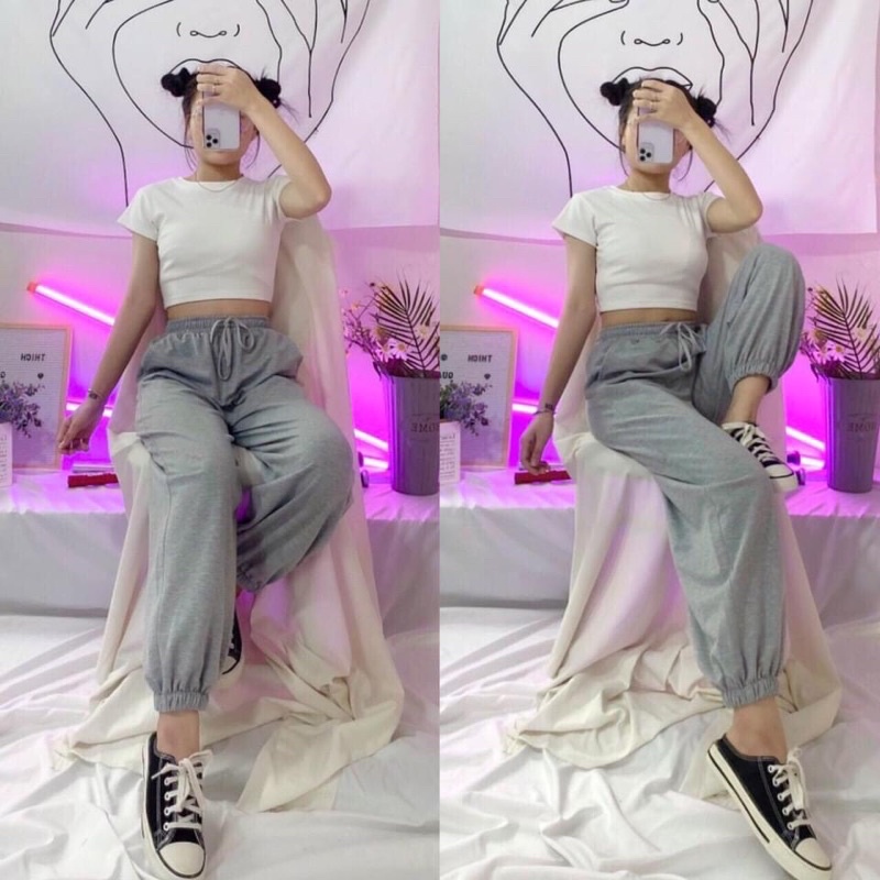 Set áo croptop + quần jogger / Set croptop quần boom thể thao