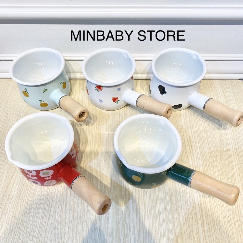 Nồi sứ nấu bột, Nấu cháo ,Đồ ăn dặm Mini Tráng Men, Có Tay Cầm Bằng Gỗ Cách Nhiệt Chống Nóng