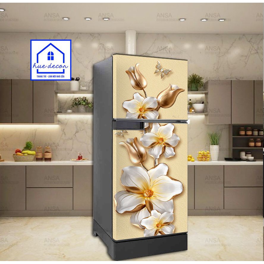 Decal trang trí  tủ lạnh - máy giặt Hoa vàng 3D sang trọng HUE DECOR- siêu bền chống nước