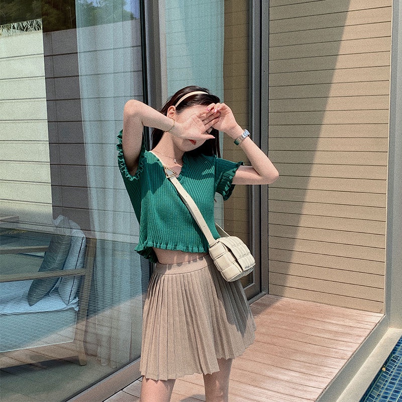 AMOI Áo Thun Nữ Ngắn Tay Cổ Chữ V Chấm Bi Thời Trang