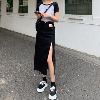 Chân váy jean dài lưng cao xẻ tà