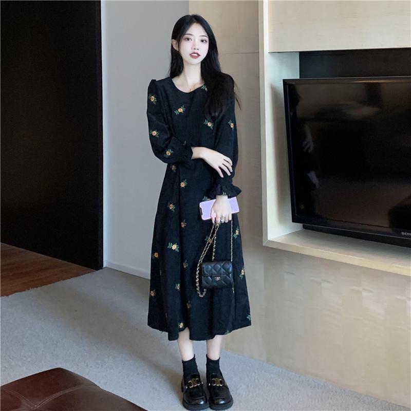 Đầm dài tay họa tiết in hoa cao cấp thời trang dành cho nữ