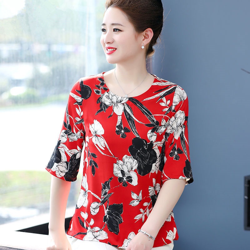 Áo Thun Lụa Lạnh Tay Ngắn Dáng Rộng Thời Trang Mùa Hè Dành Cho Phụ Nữ Độ Tuổi Trung Niên