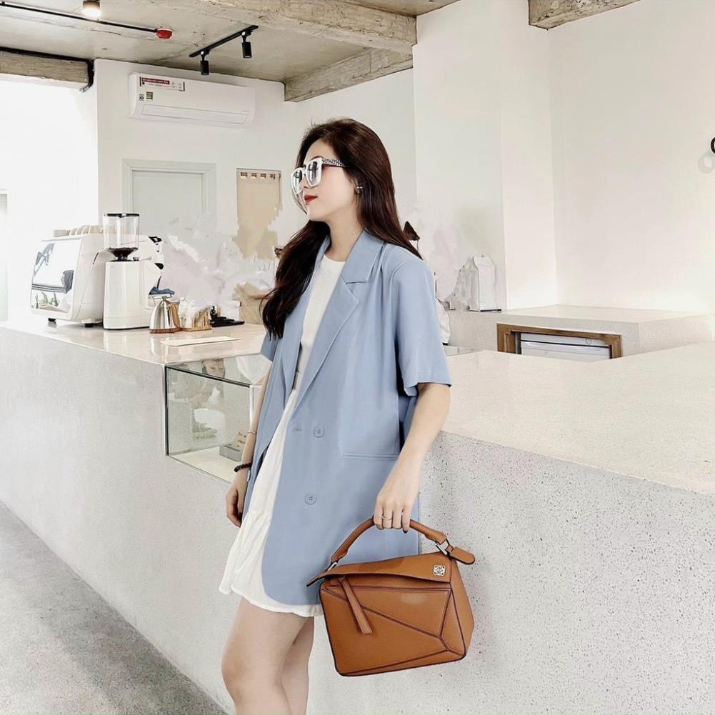 Áo vest-blazer vạt bầu cộc tay dáng suông vải trượt mặc mùa hè H100