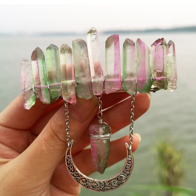 Kẹp Tóc Đính Đá Pha Lê / Mặt Trăng / Đá Thạch Anh Tự Nhiên Nhiều Màu Phong Cách Pháp Cổ Điển